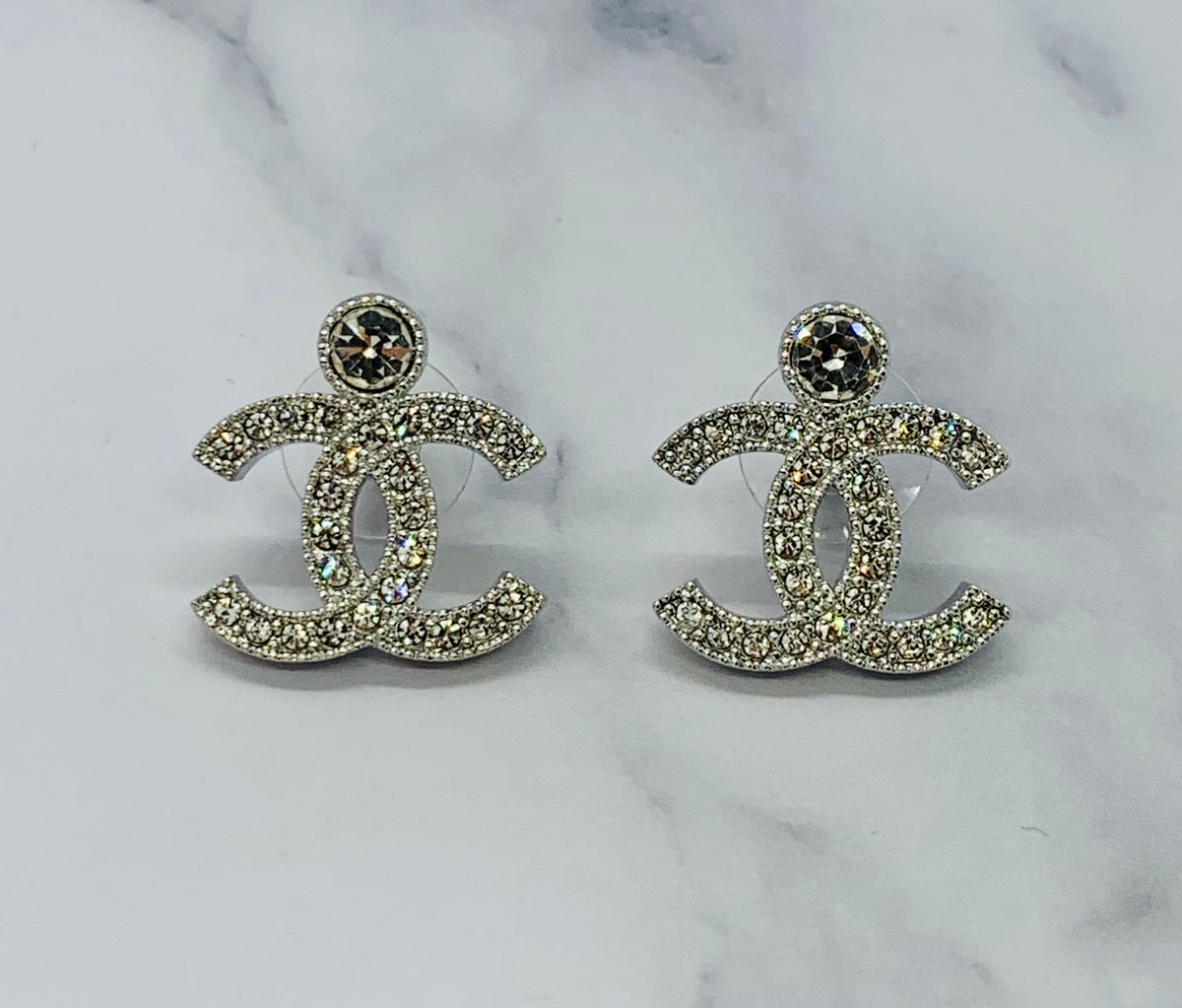 CHANEL CC Silver Tone Rhinestone Earrings - USED