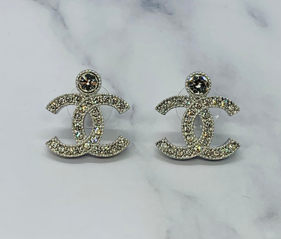 CHANEL CC Silver Tone Rhinestone Earrings - USED