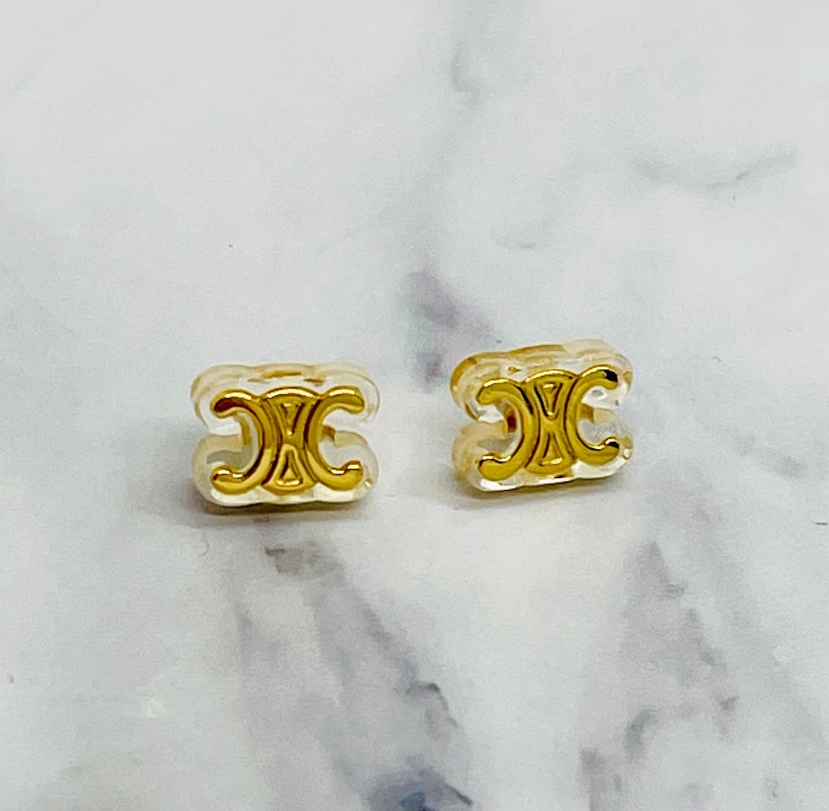 CELINE Triomphe Monogram Acrylic Gold Tone Earrings - Pre-Owned — 1