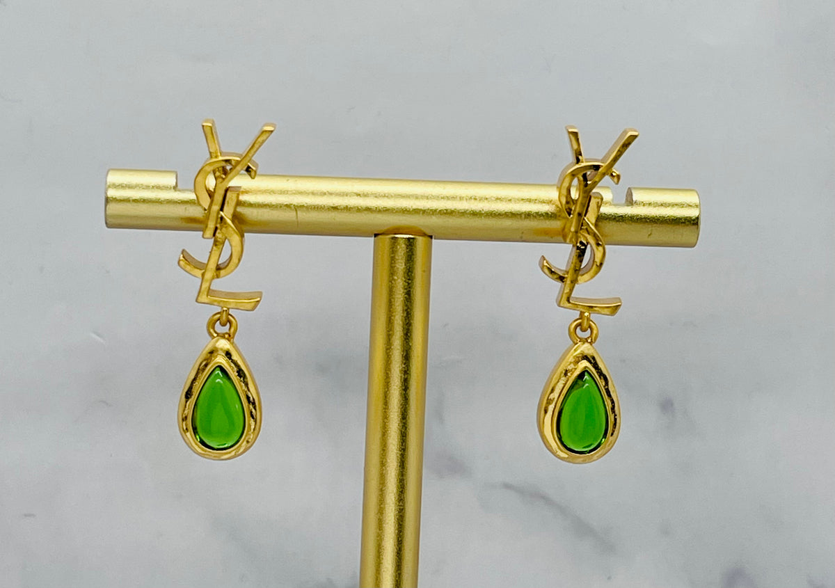YSL YVES SAINT LAURENT Green Gem Pendant Earrings - Pre-Owned — 1