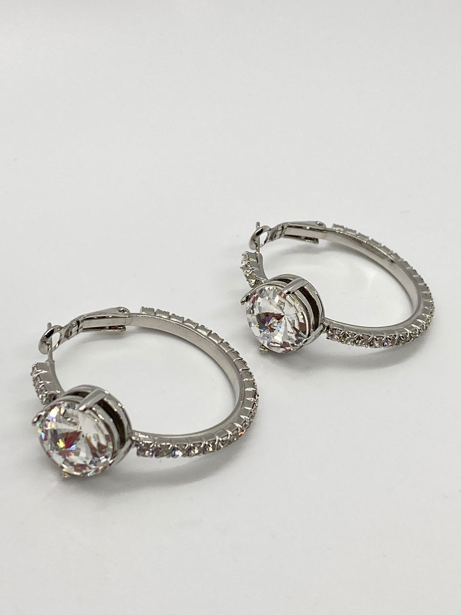 MIU MIU Silver Tone Logo Rhinestone Hoop Earrings - Pre-Owned — 1
