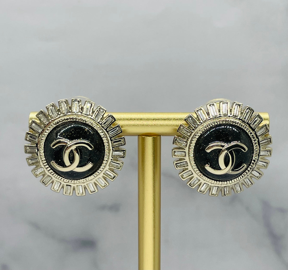 CHANEL CC Black Enamel Rhinestone Button Earrings - Pre-Owned — 1