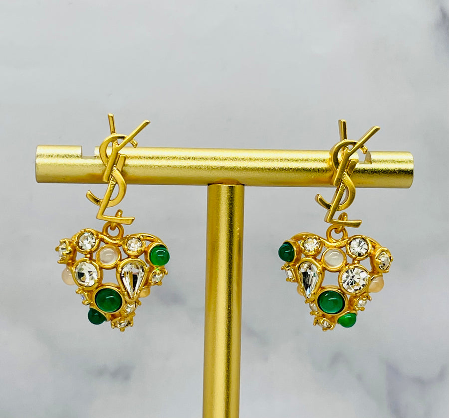 YSL YVES SAINT LAURENT Green Rhinestone Pendant Earrings - Pre-Owned — 1