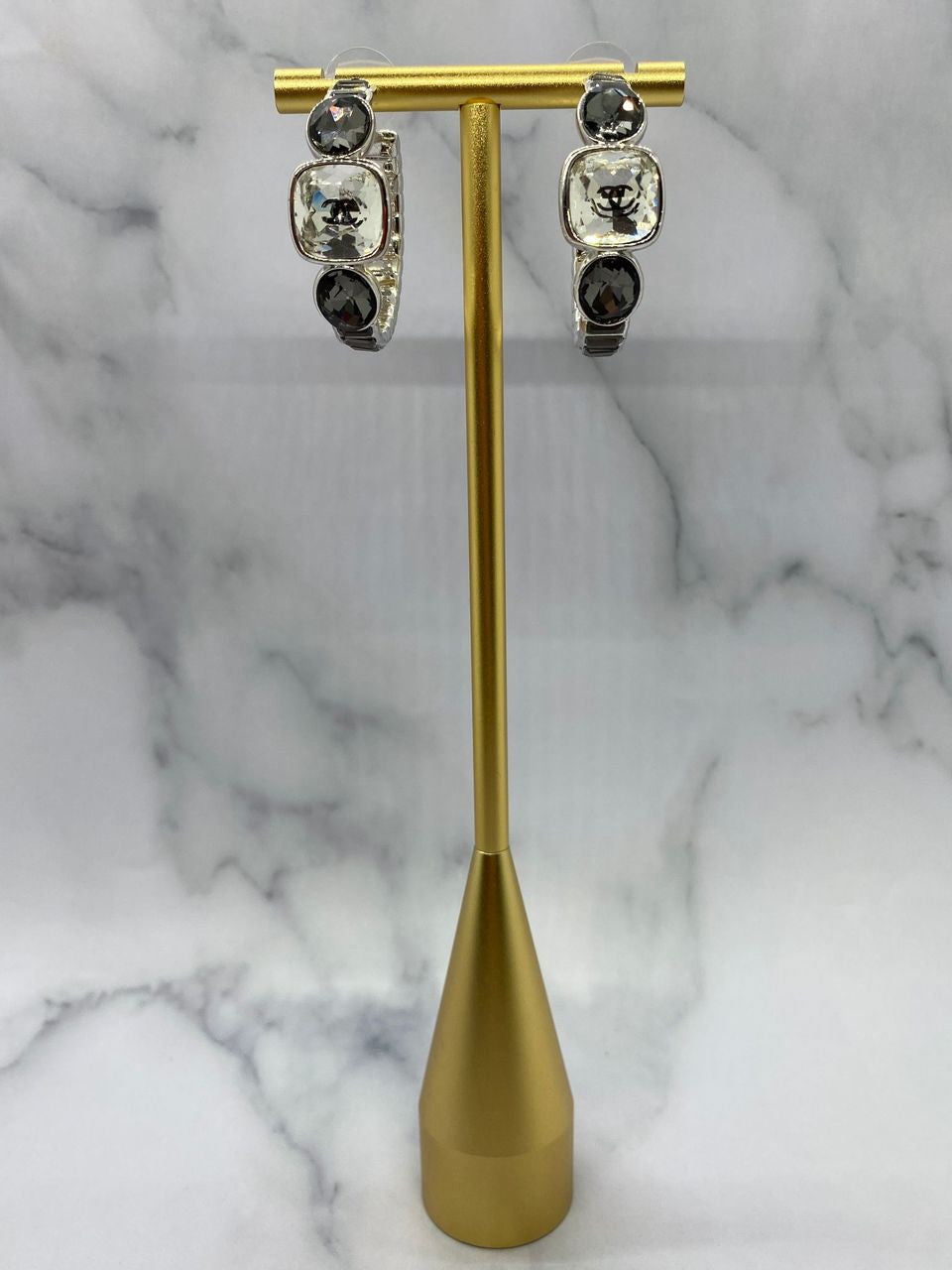 CHANEL CC Silver Tone Rhinestone Earrings — 2