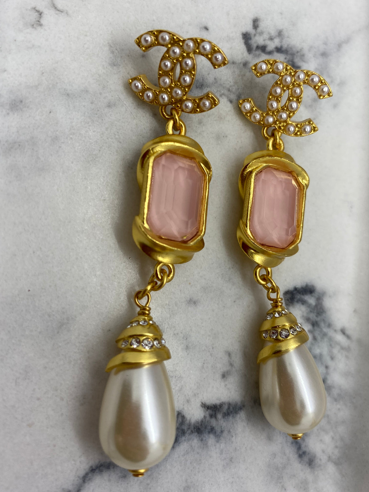 CHANEL CC Peach Pendant Rhinestone Earrings - USED