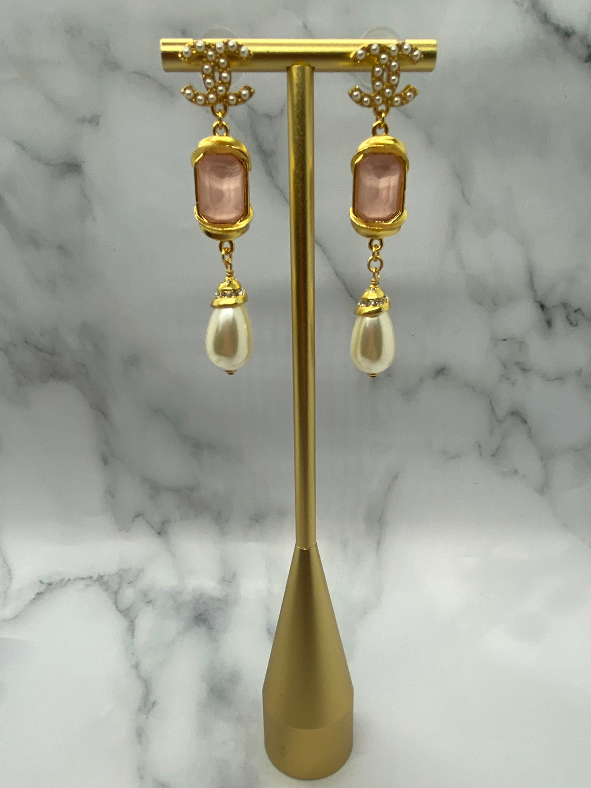 CHANEL CC Peach Pendant Rhinestone Earrings - USED