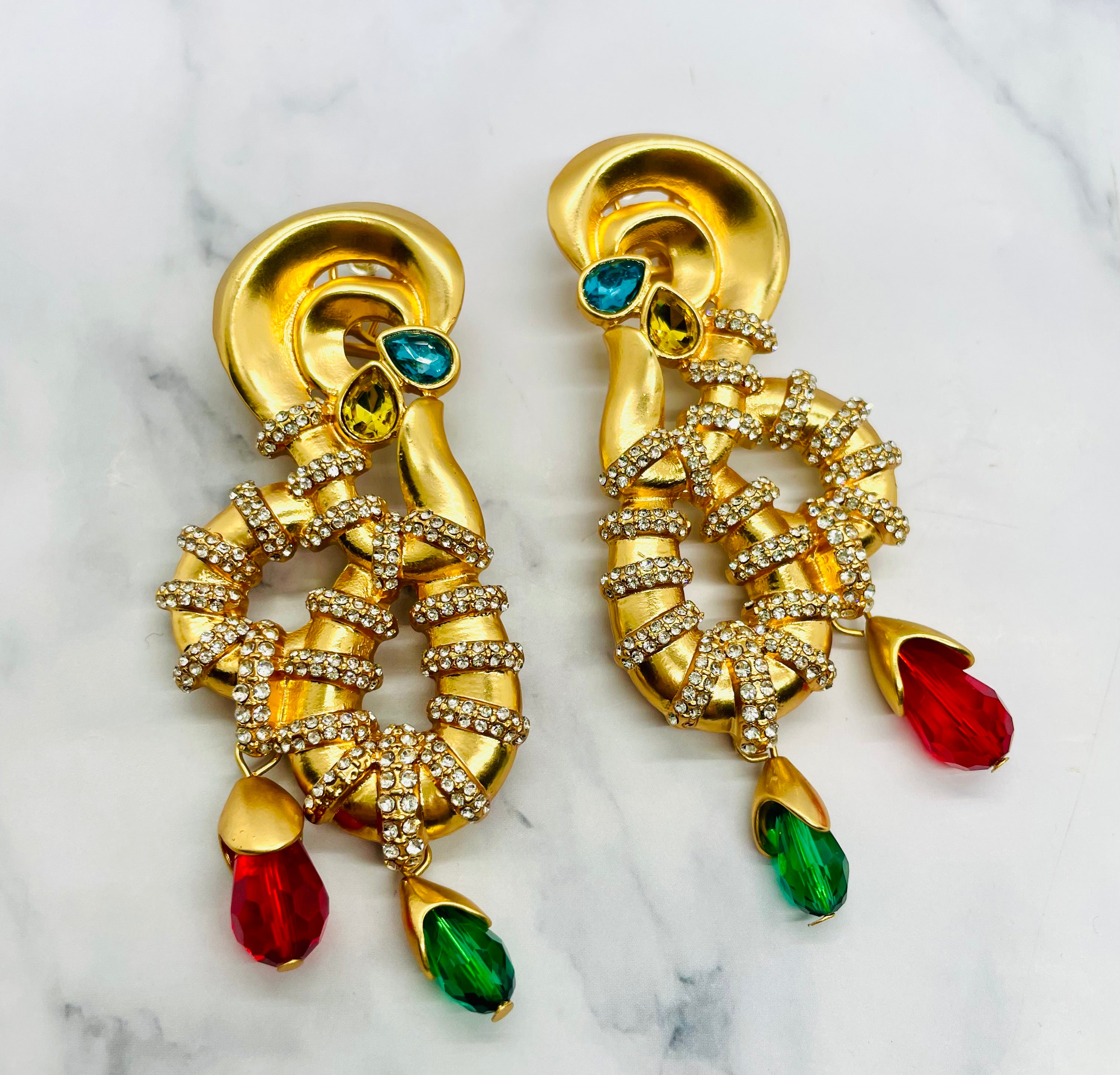 Gold statement earrings with crystals and multicoloured drops
