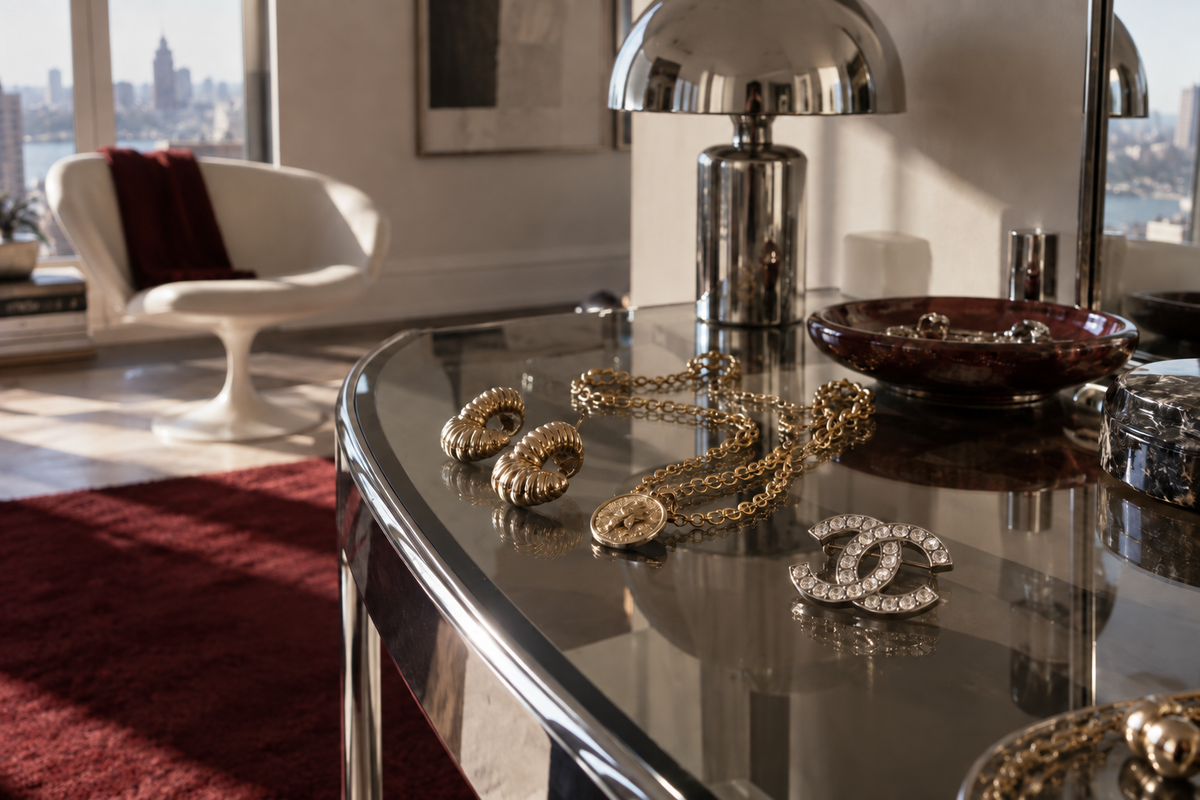 Chanel CC rhinestone brooch and vintage jewelry on a smoked-glass table in a mid-century space-age interior. AI-generated editorial illustration.