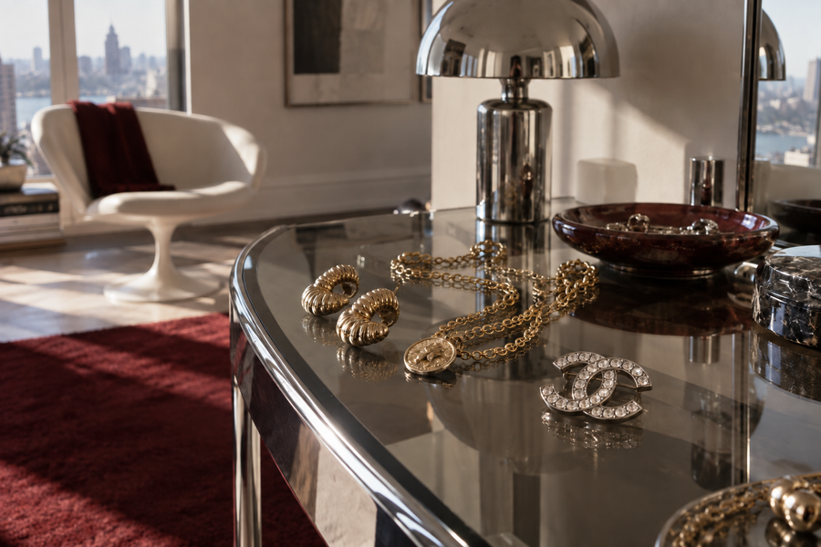 Chanel CC rhinestone brooch and vintage jewelry on a smoked-glass table in a mid-century space-age interior. AI-generated editorial illustration.