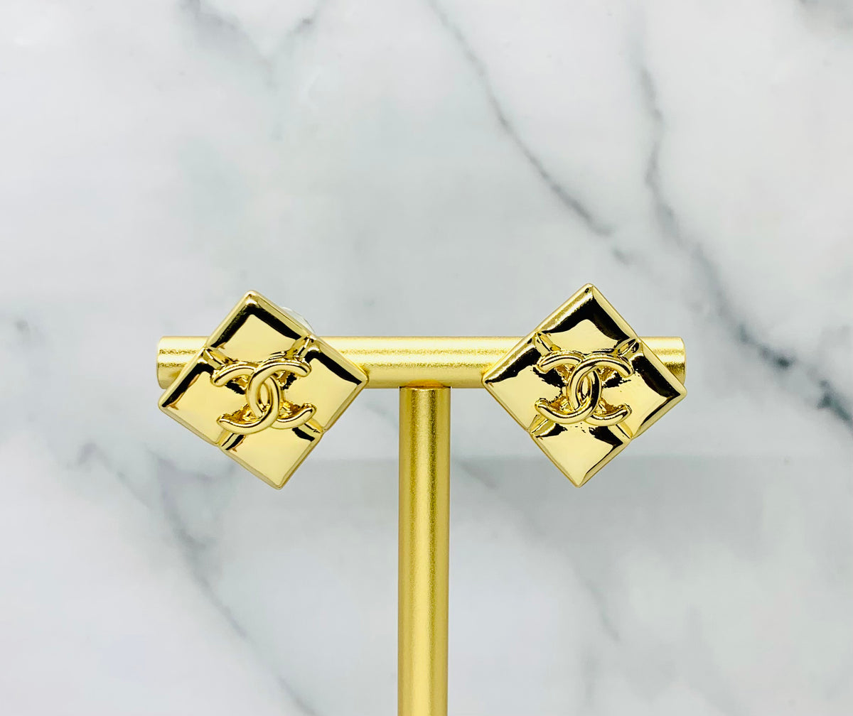 CHANEL CC Gold Tone Square Earrings - Pre owned