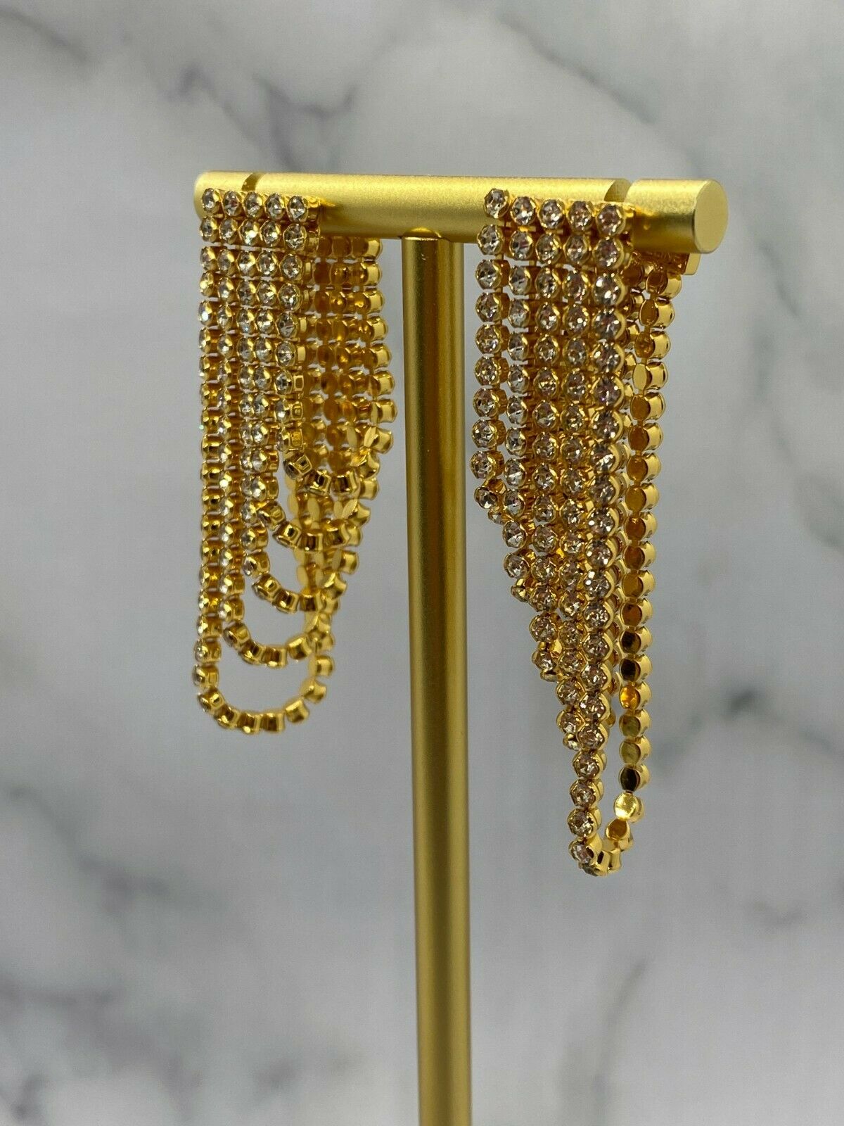CELINE Gold Tone Rhinestone Fringe Earrings - Pre owned