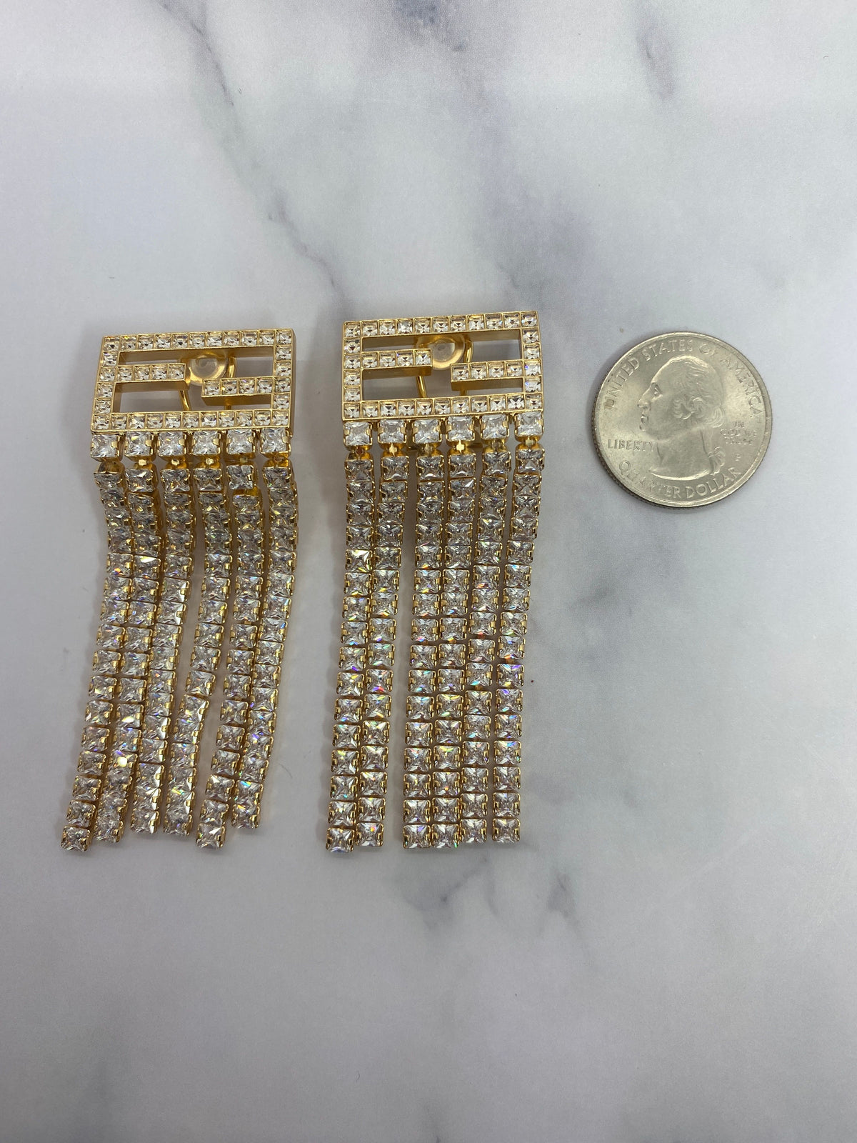 FENDI F Gold Tone Rhinestone Fringe Earrings - Pre owned