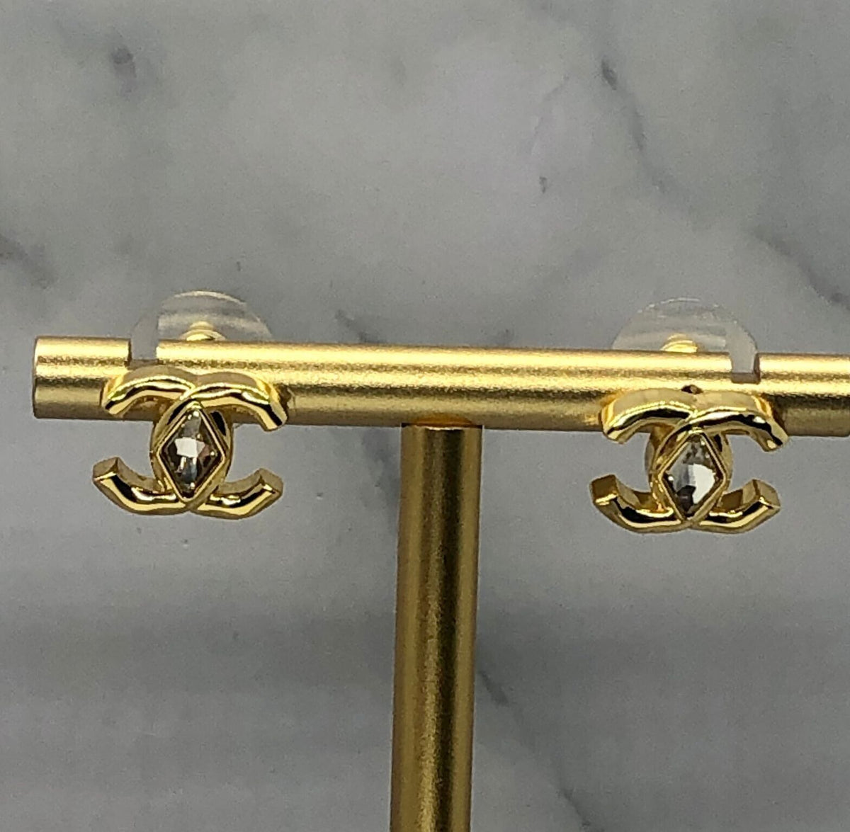HANEL CC Gold Tone Rhinestone Stud Earrings - Pre owned