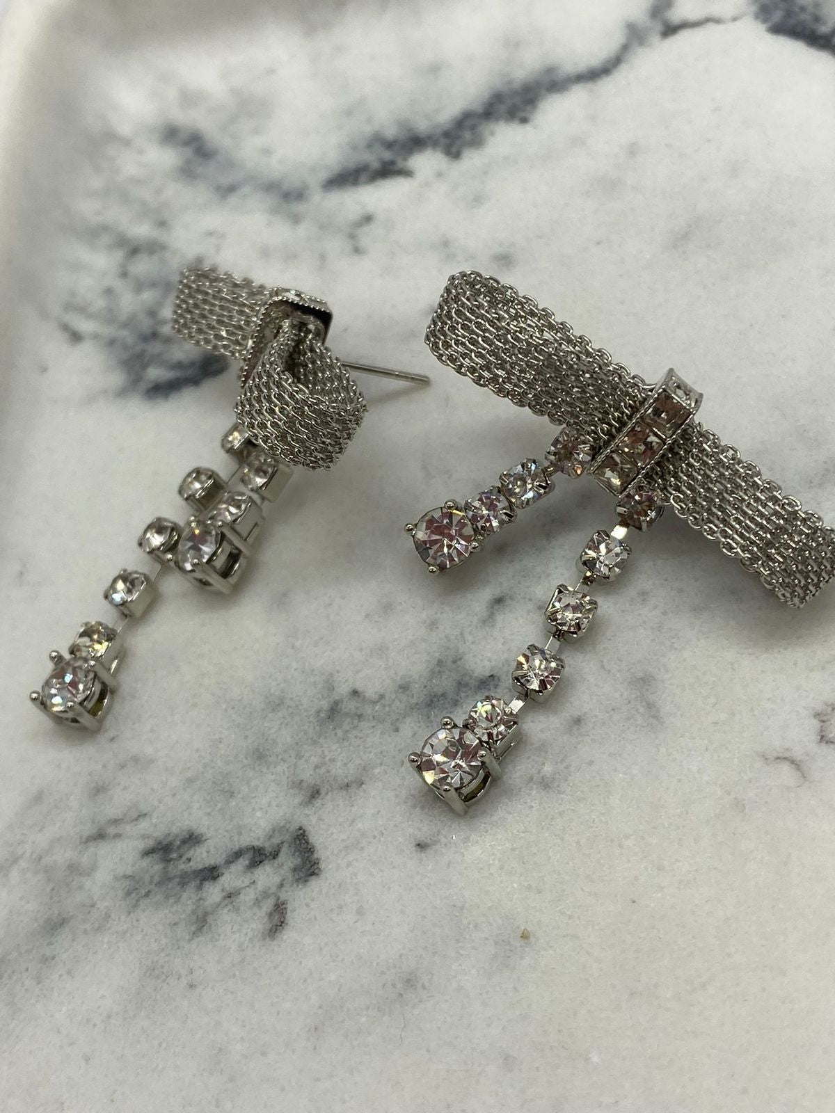 MIU MIU Silver Tone Rhinestone Bow Earrings - Pre owned