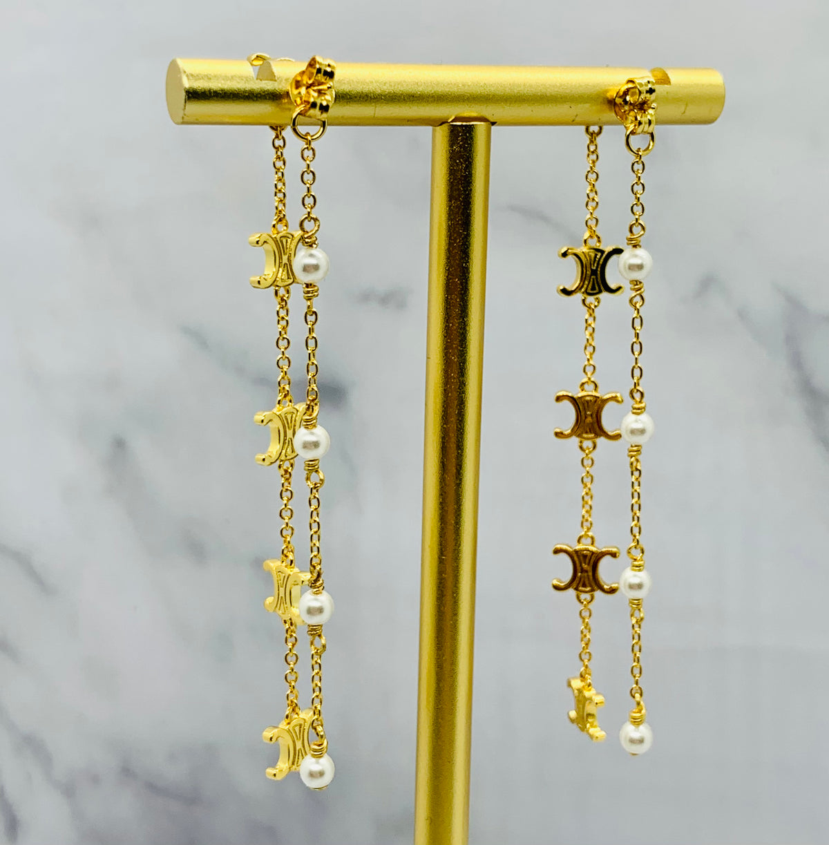 CELINE Monogram Pearl Pendant Earrings - USED