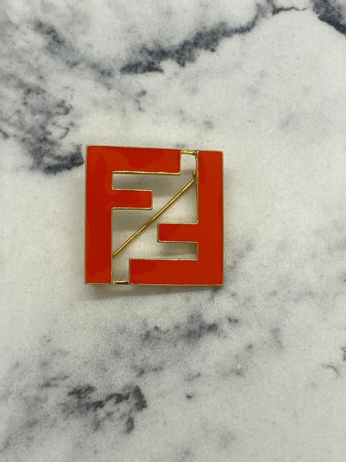 FENDI F Gold Tone Orange Enamel Brooch Pin - Pre owned