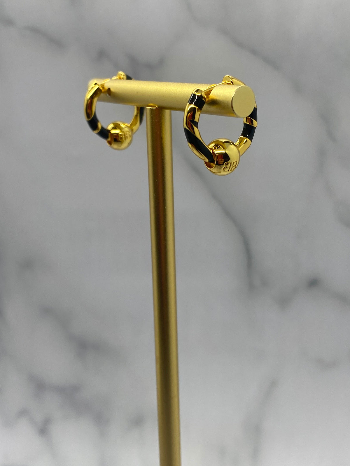 BALENCIAGA BB Gold Tone Black Strip Hoop Earrings - Pre owned