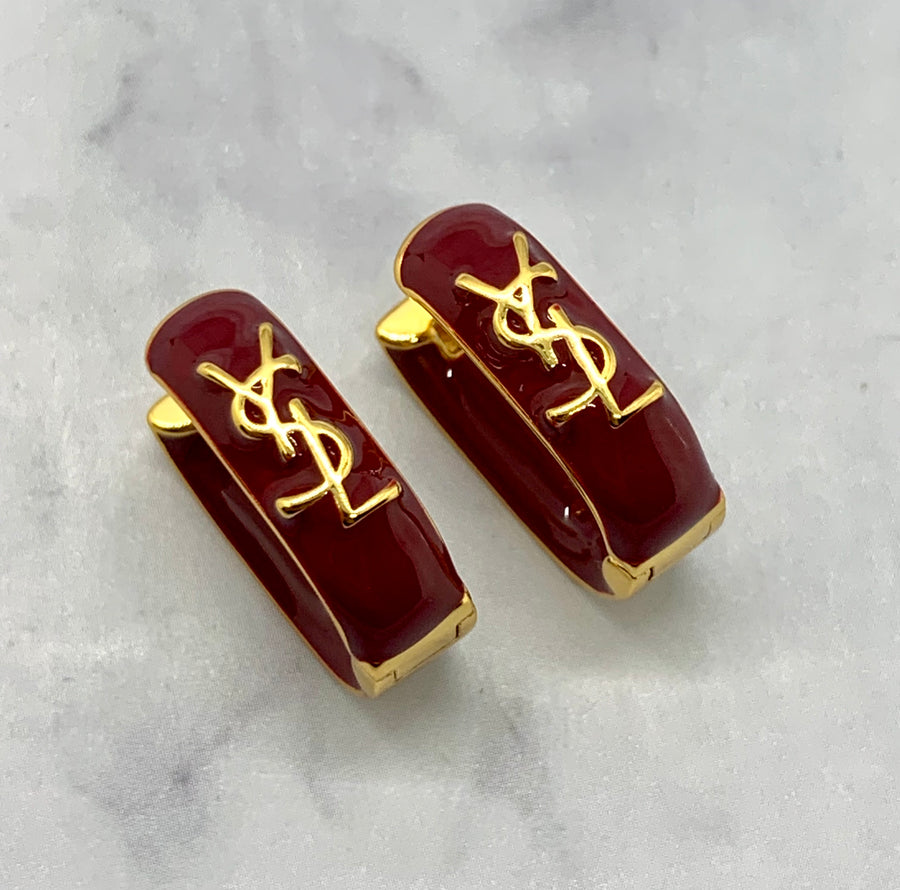 YSL YVES SAINT LAURENT Burgundy Enamel Earrings - Pre owned