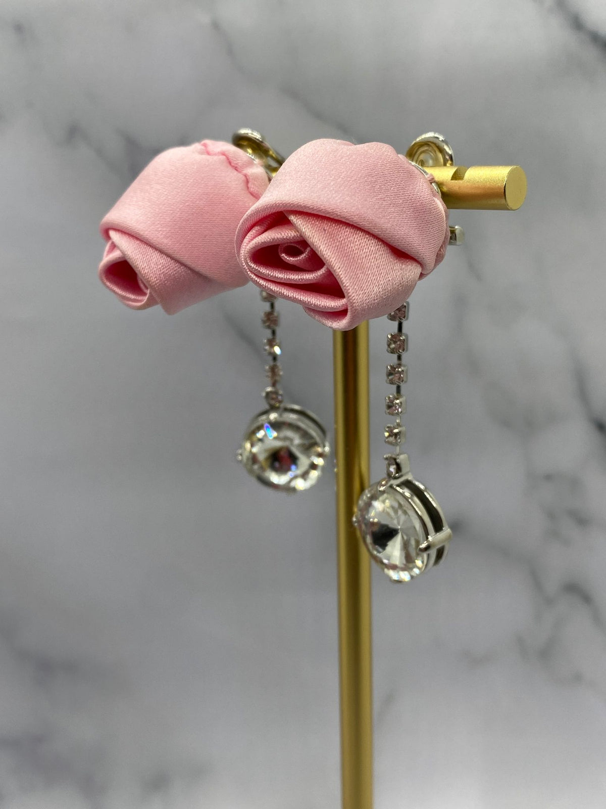 MIU MIU Pink Silk Rose & Rhinestones Clip On Earrings - Pre owned