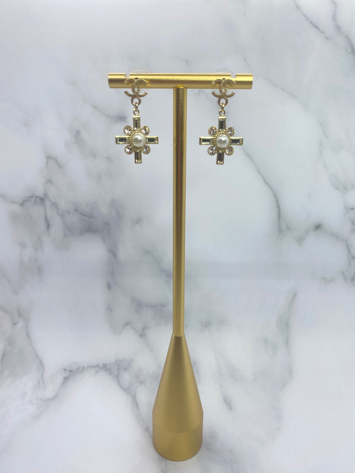 CHANEL Cross Rhinestone Pendant Earrings - Pre owned