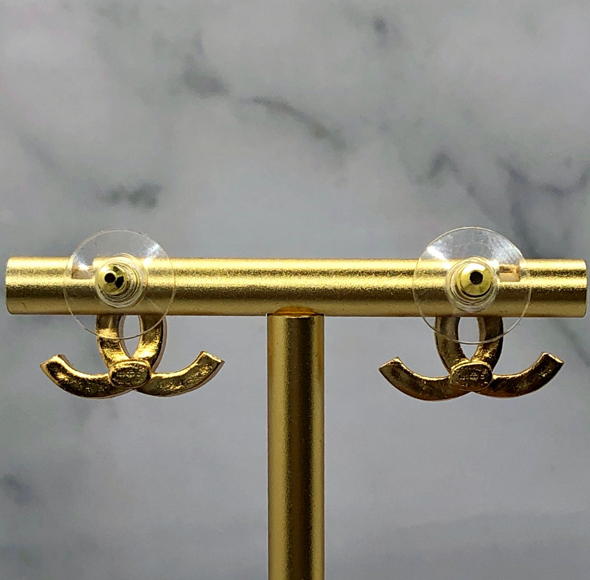 CHANEL CC Gold Tone White Striped Earrings - Pre owned