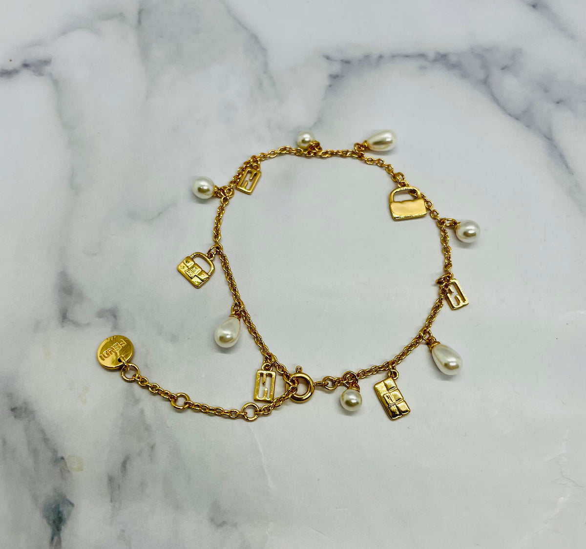 FENDI Gold Tone Pearl Baguette Bracelet - Pre owned