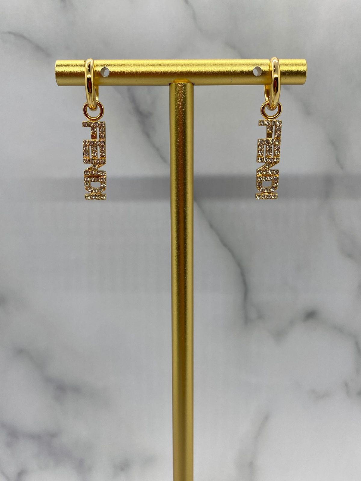 FENDI Gold Tone Rhinestone Pendant Earrings - Pre owned
