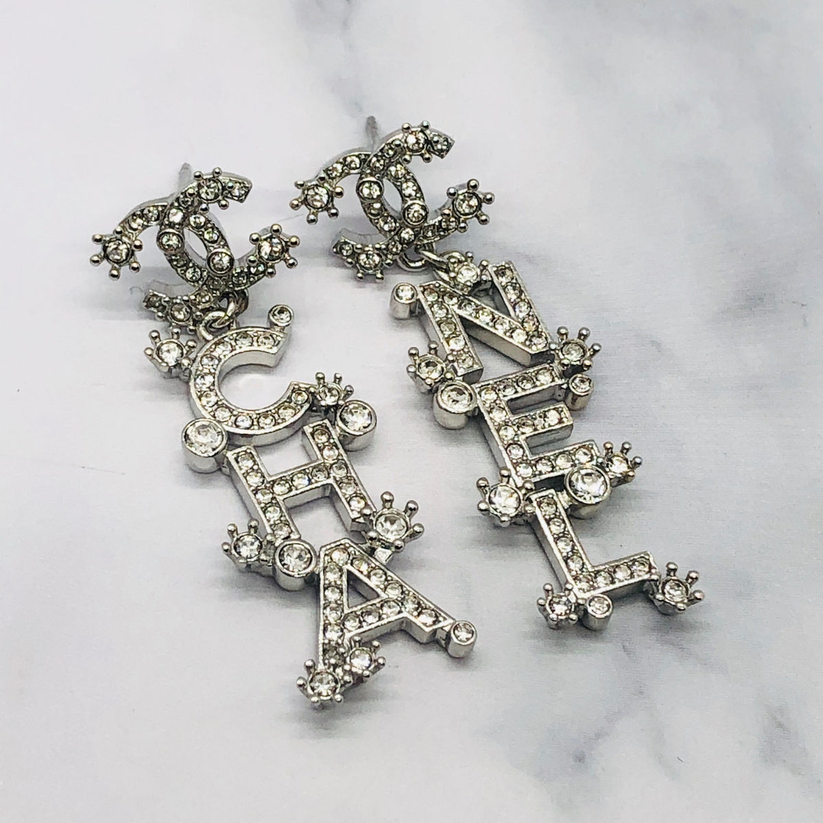 CHANEL CC Silver Tone Rhinestone Pendant Earrings - Pre owned