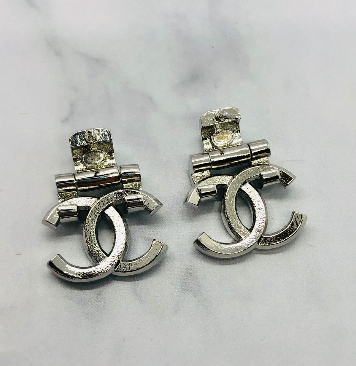 CHANEL CC Silver Tone Rhinestone Earrings - USED