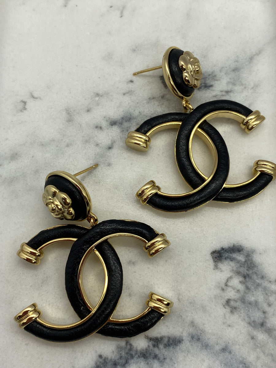 CHANEL CC Black Leather Earrings - USED