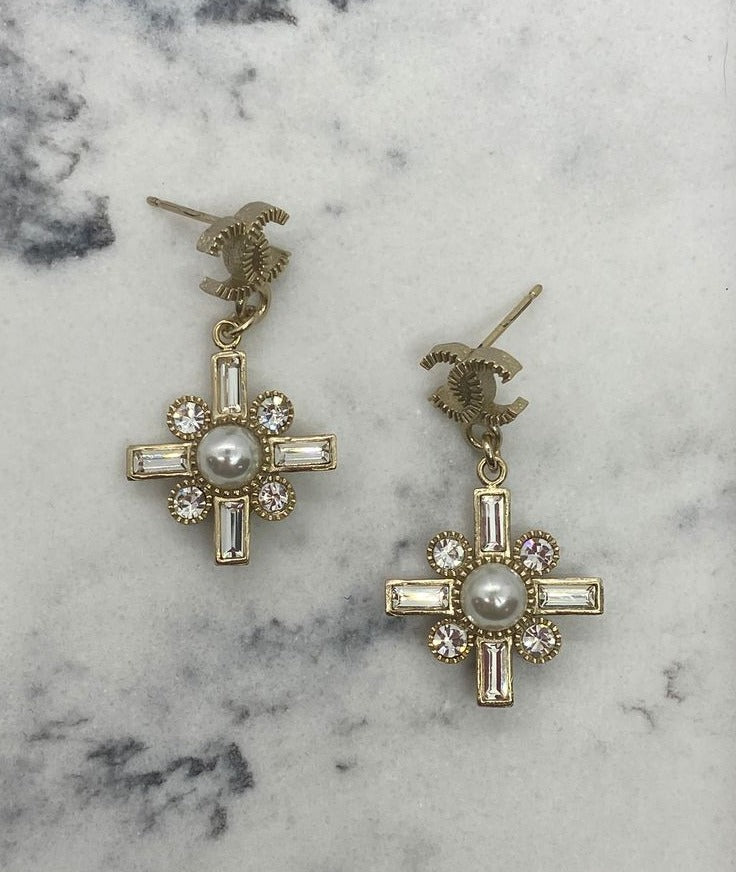 CHANEL Cross Rhinestone Pendant Earrings - Pre owned
