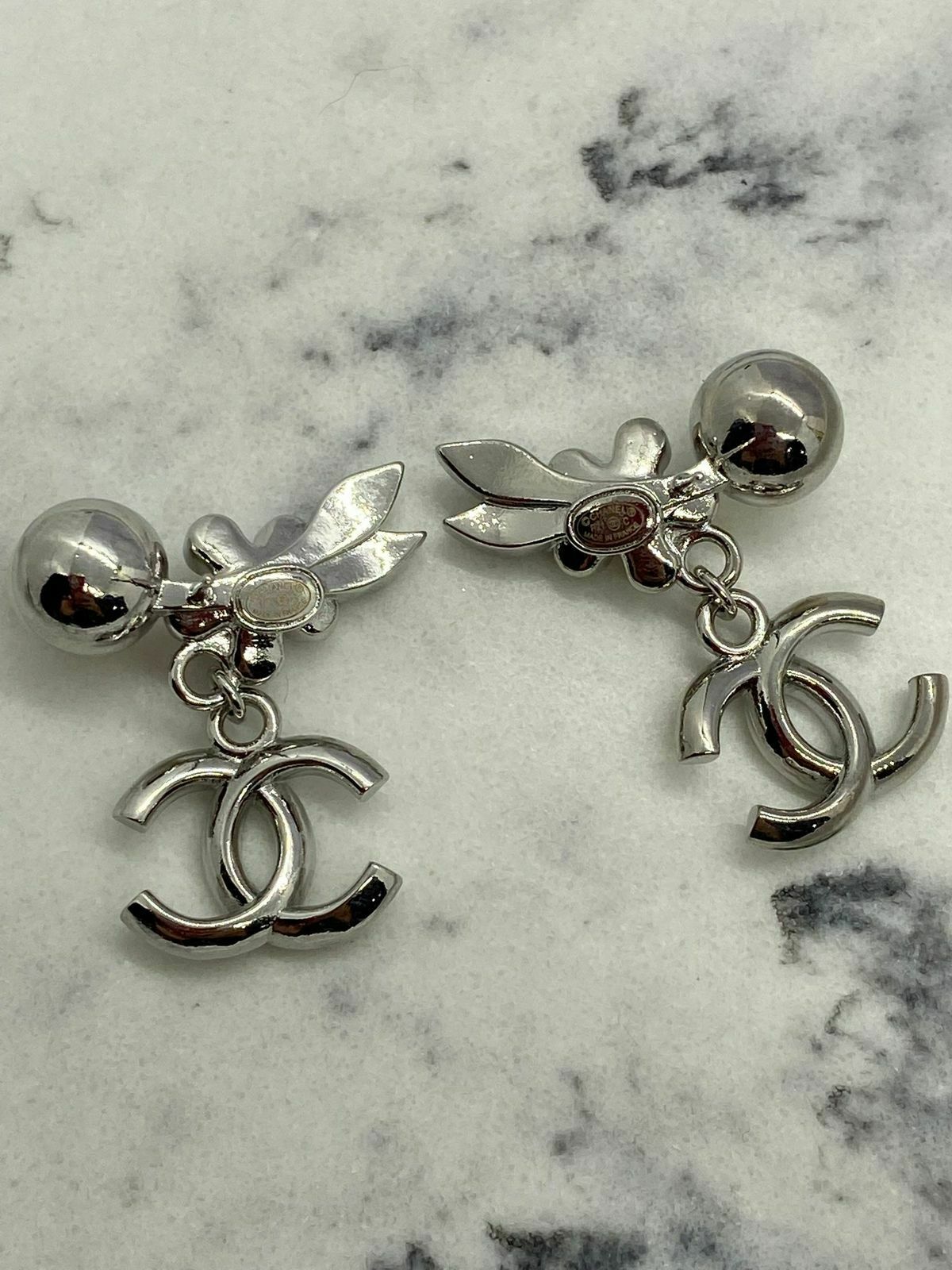 CHANEL CC Silver Tone Pearl Flower Pendant Earrings - USED