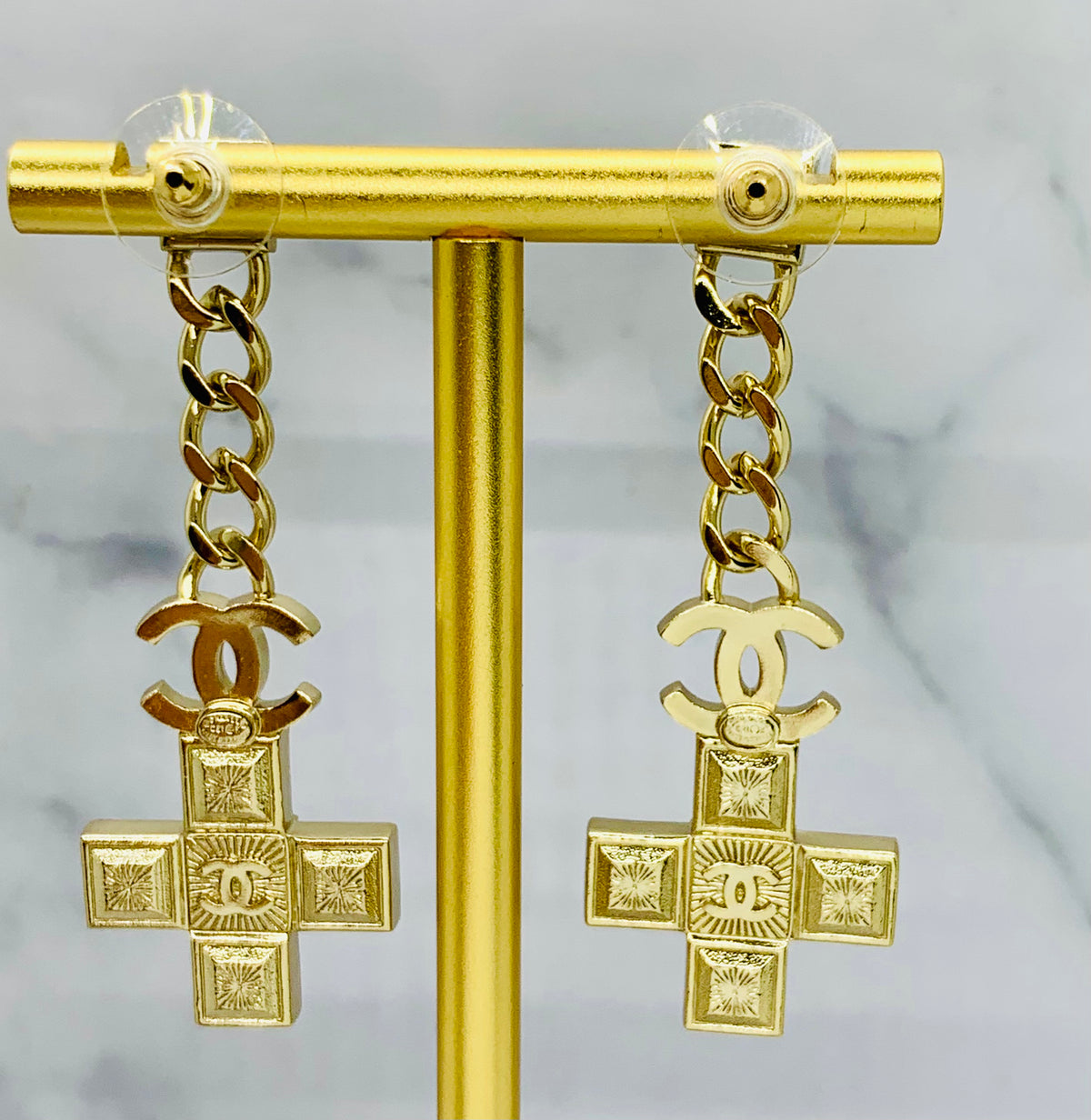 CHANEL CC Rhinestone Cross Pendant Earrings - USED