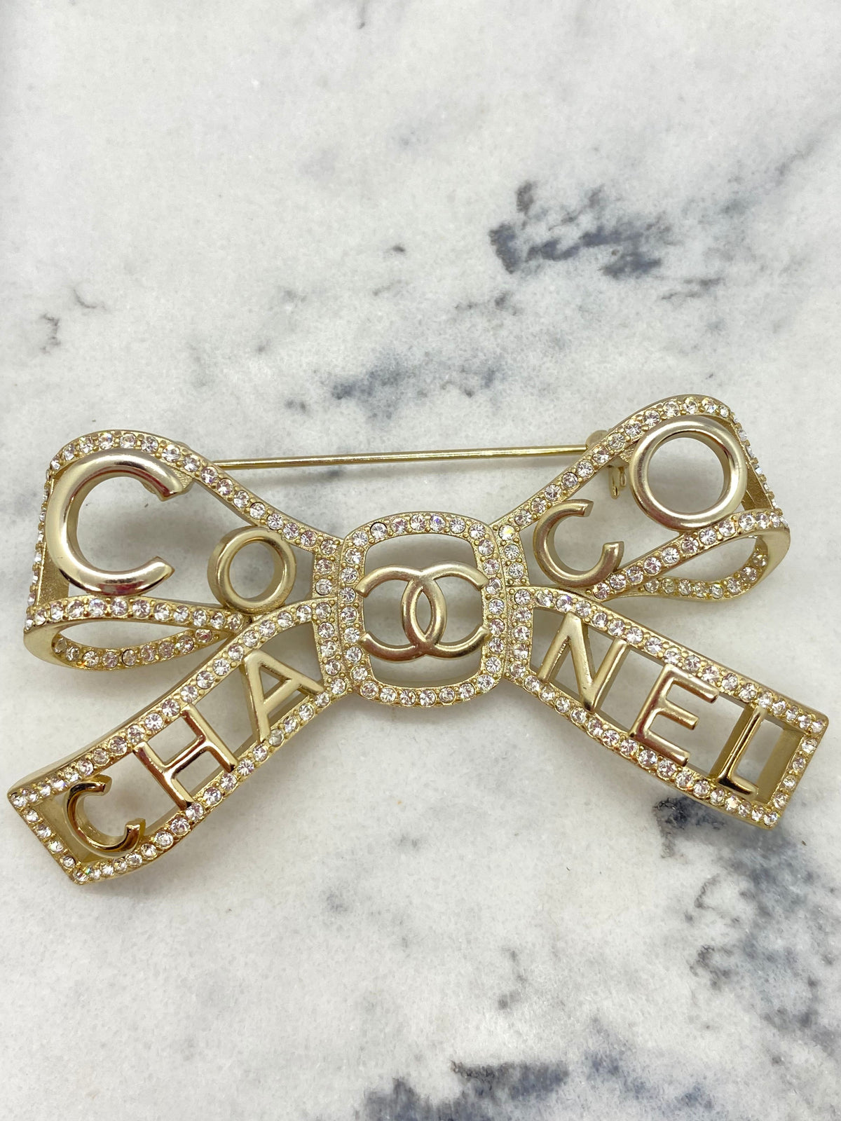 CHANEL CC Rhinestone Trim Bow Brooch Pin - USED