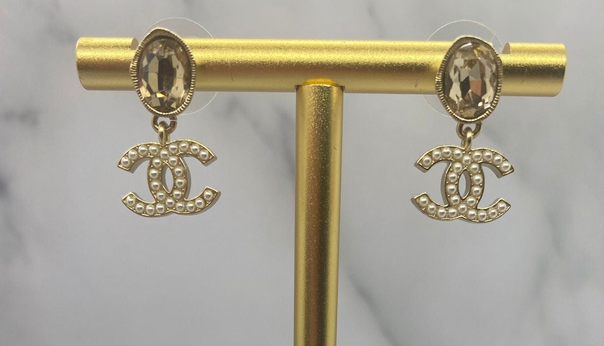 CHANEL CC Gold Tone Rhinestone Pendant Earrings - Pre owned