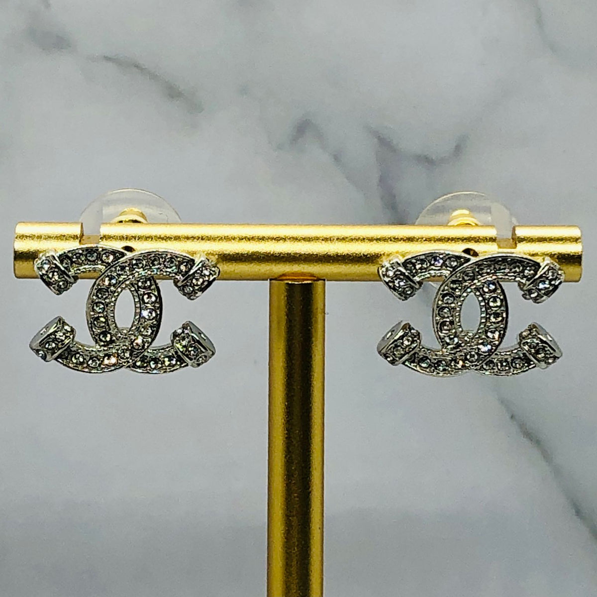 CHANEL CC Silver Tone Rhinestone Earrings - Pre owned