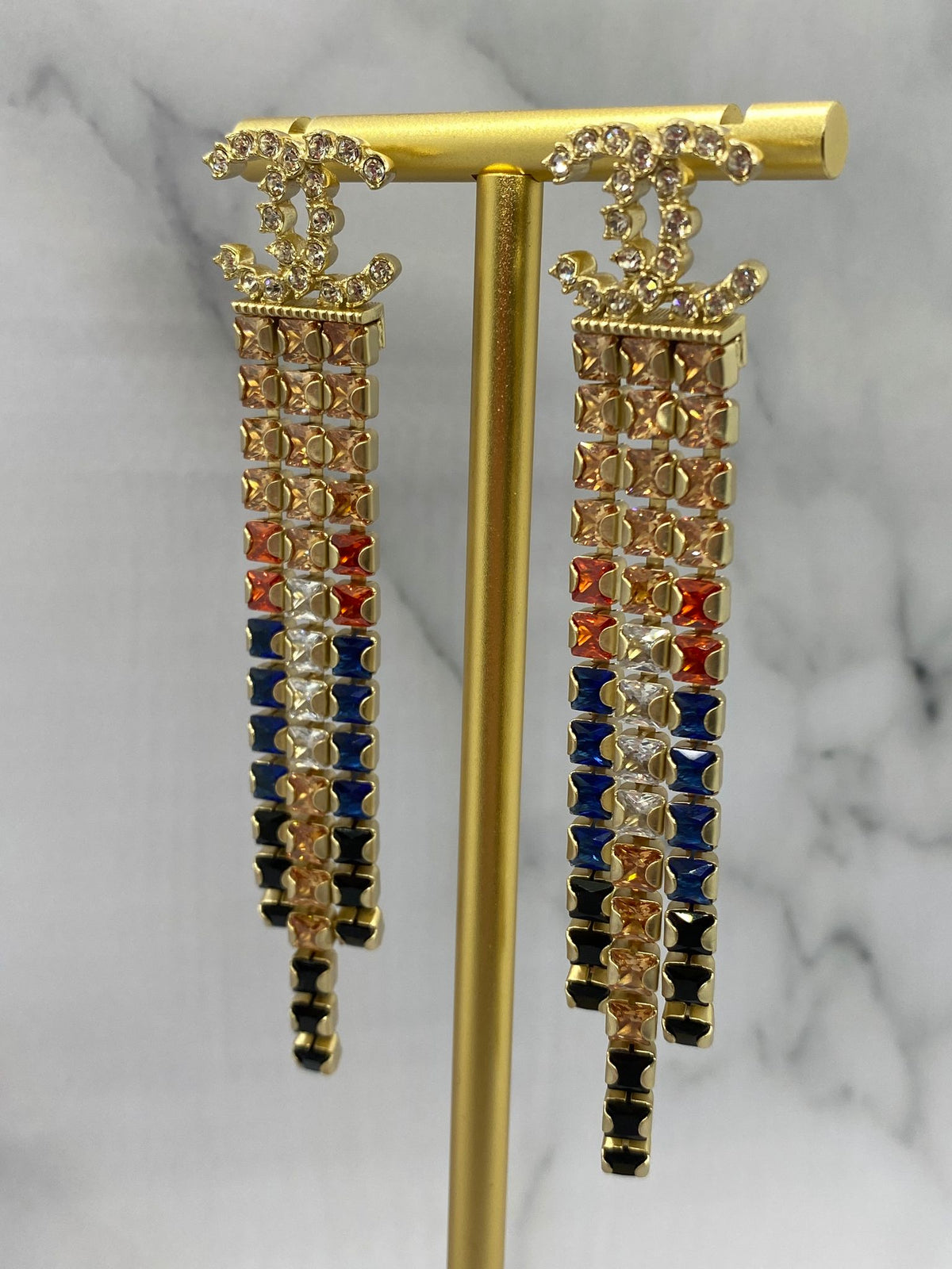 CHANEL CC Rhinestone Colorful Fringe Earrings - Pre owned
