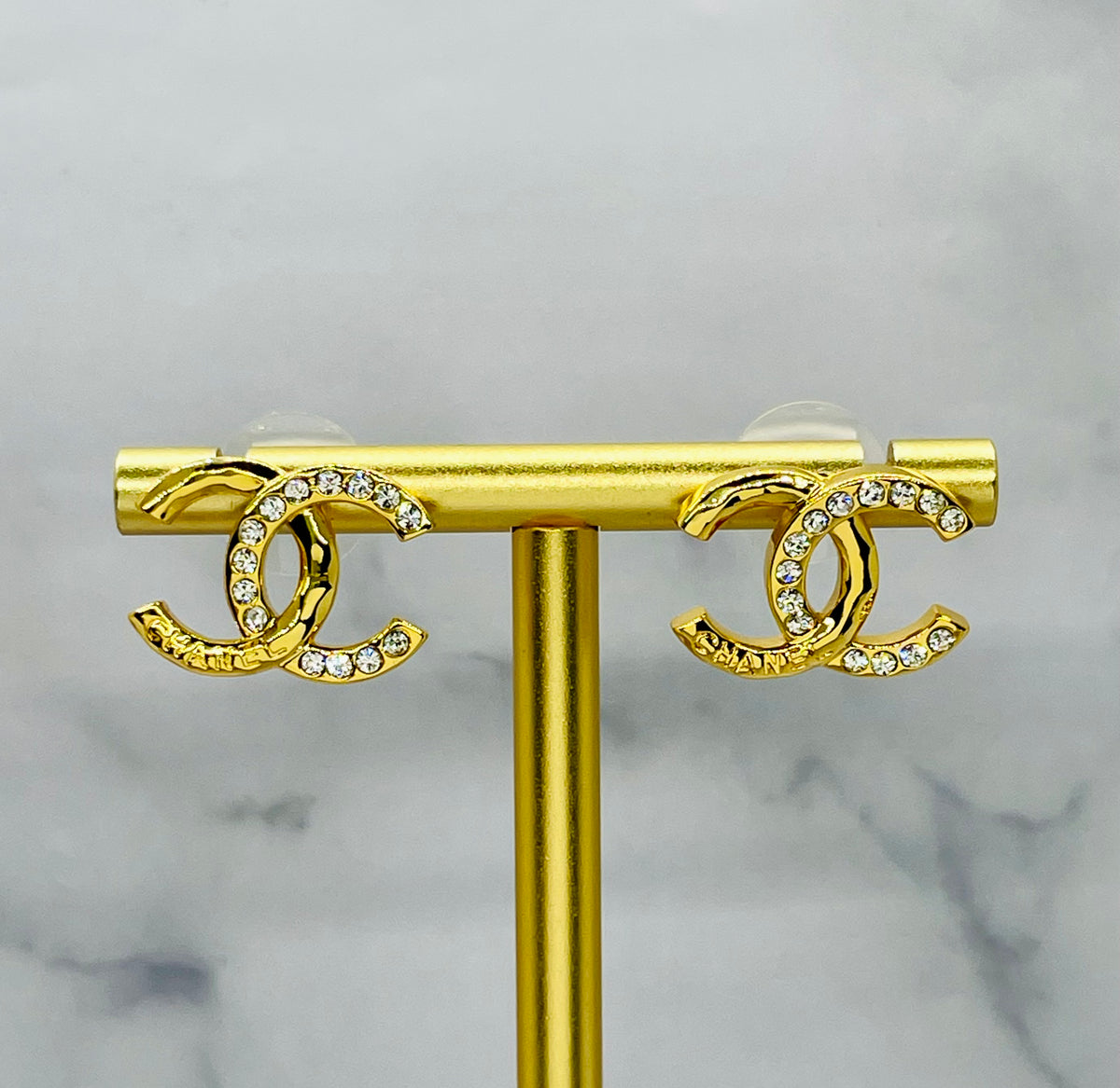 CHANEL CC Gold Tone Rhinestone Earrings - Pre owned
