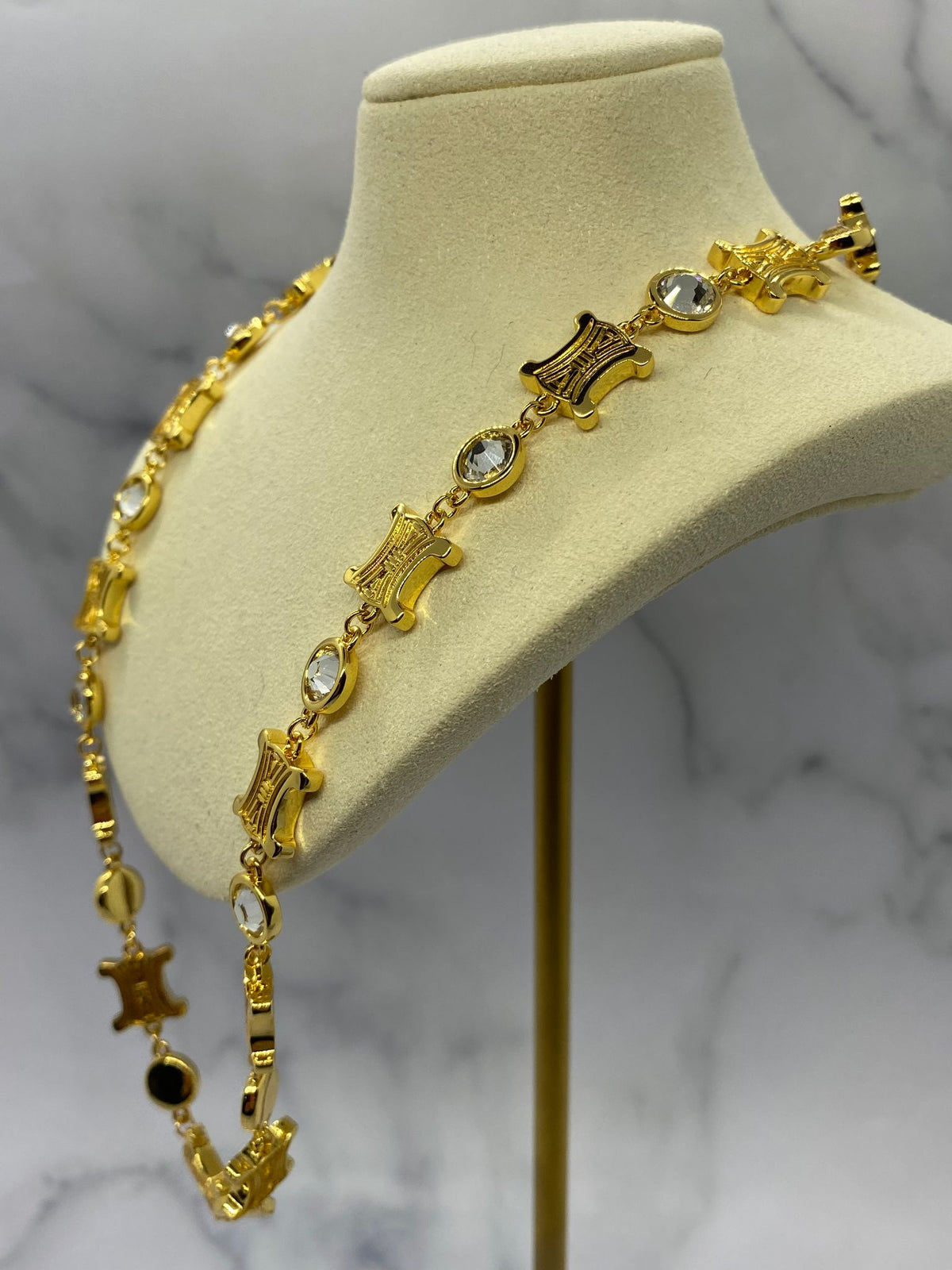CELINE Gold Tone Rhinestone Monogram Necklace - Pre owned