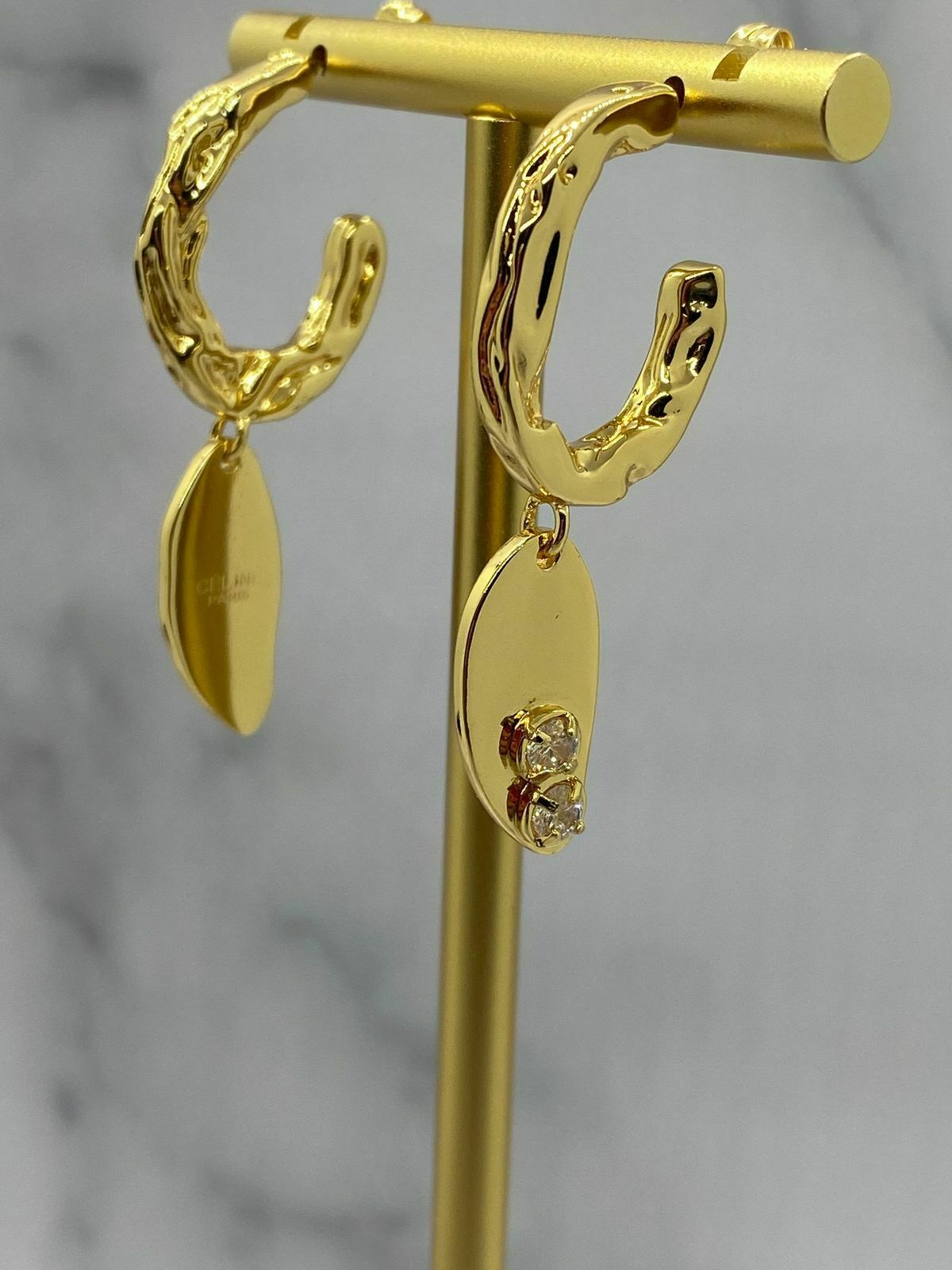 CELINE Grooved Gold Tone Charm Earrings - USED