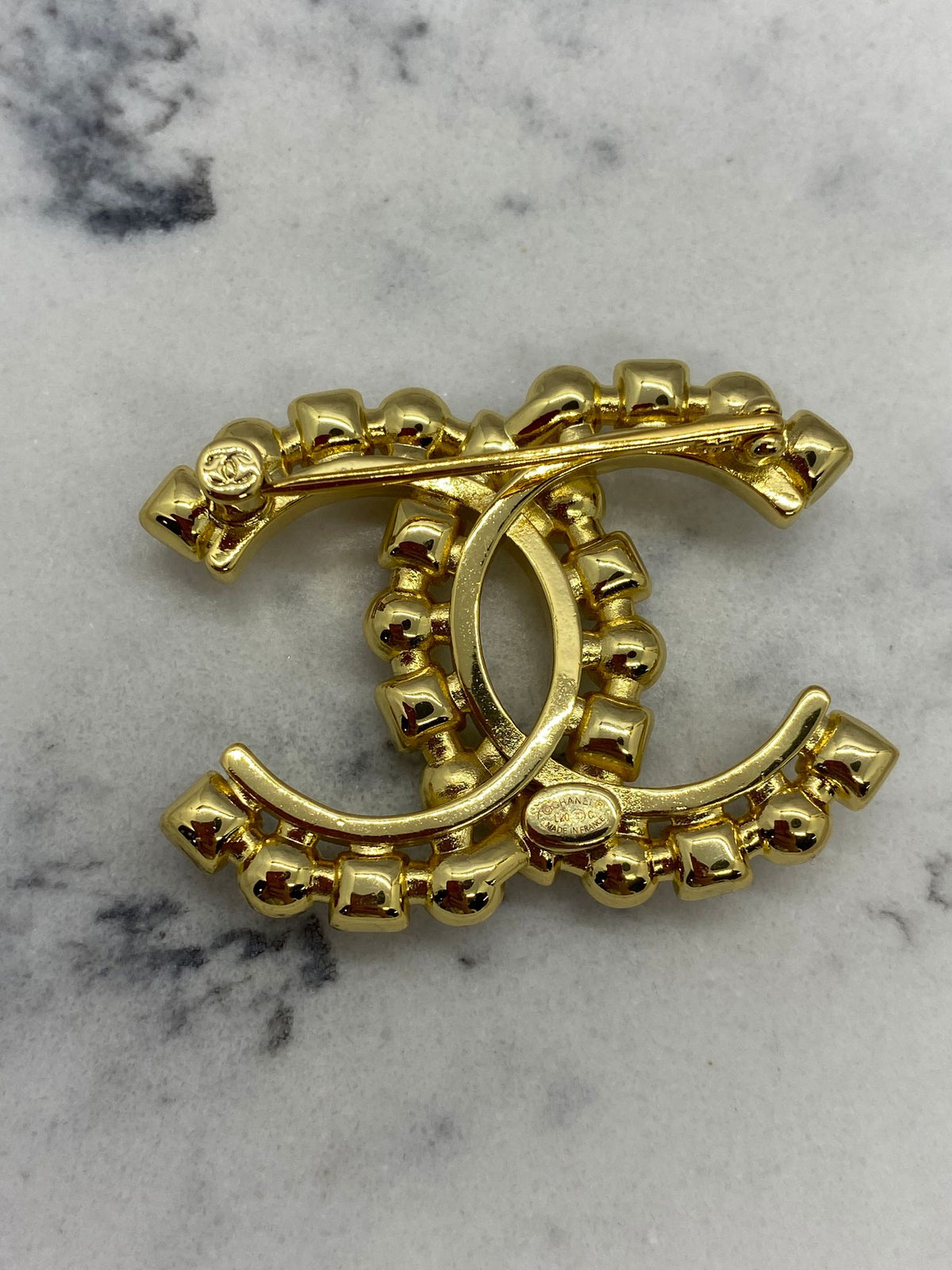 CHANEL CC Gold Tone Rhinestone Brooch Pin - USED