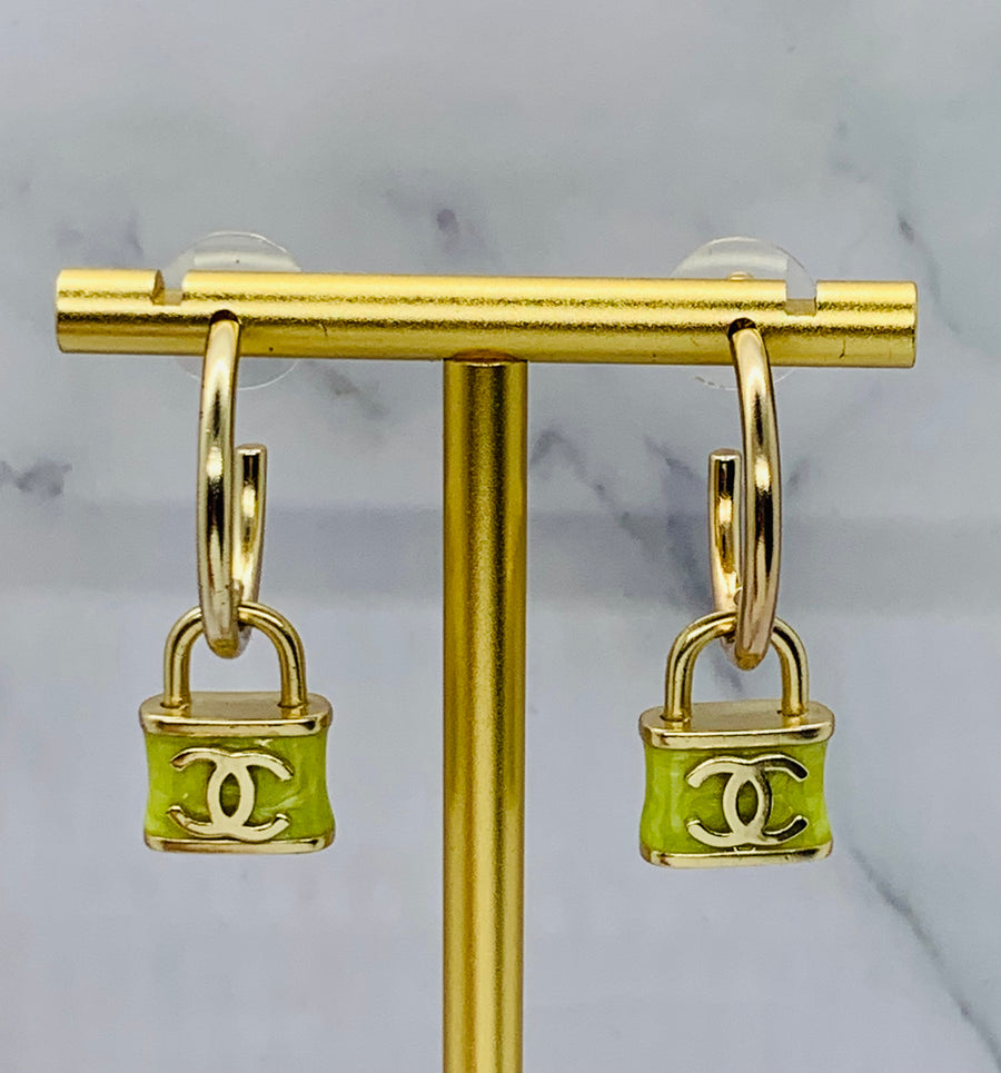CHANEL CC Green Lock Pendant Hoop Earrings - USED