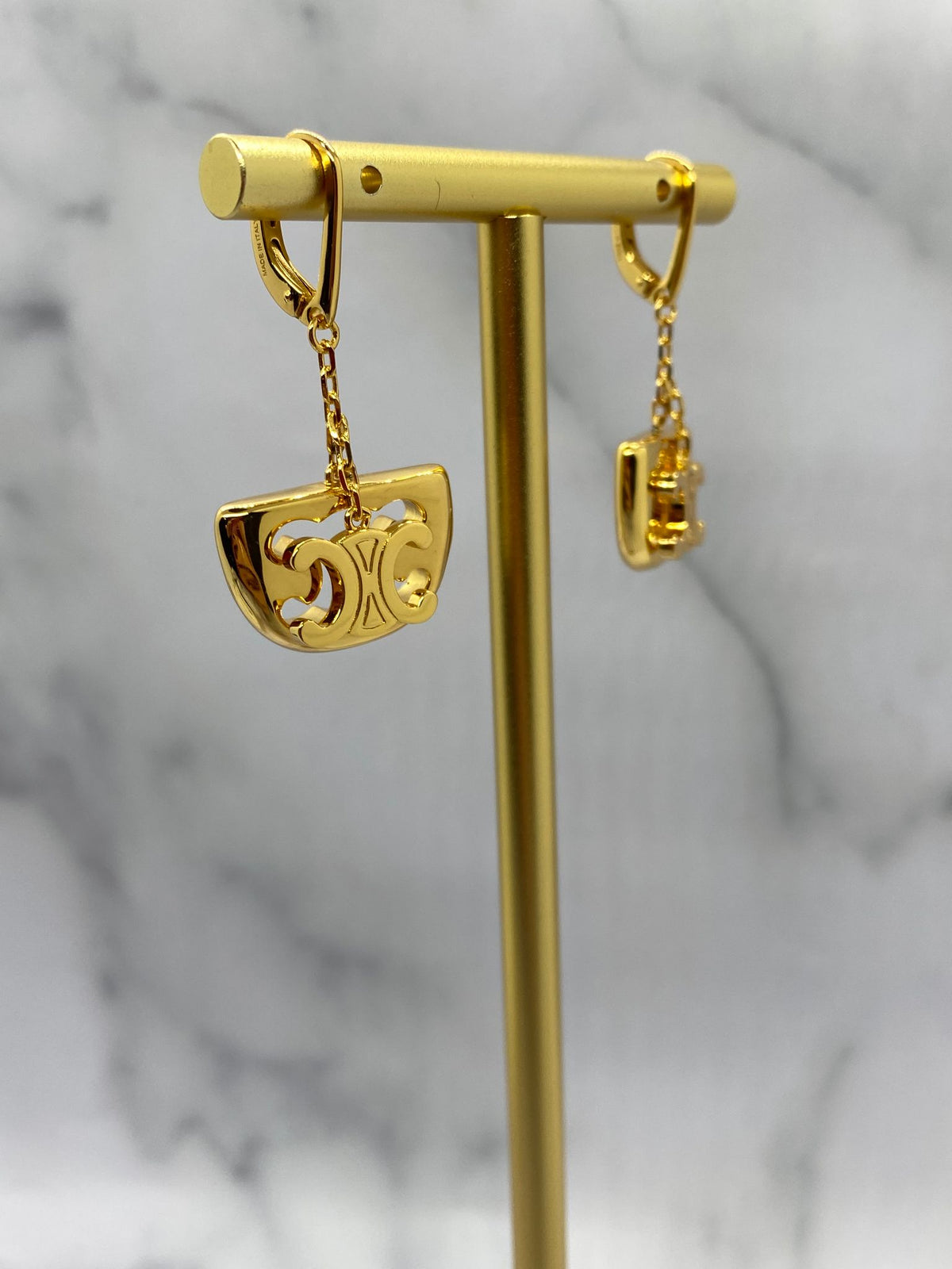 CELINE Gold Tone Monogram Pendant Earrings - Pre owned