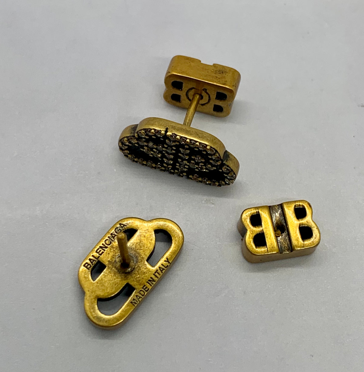 BALENCIAGA BB Brass Tone Rhinestone Earrings - Pre owned