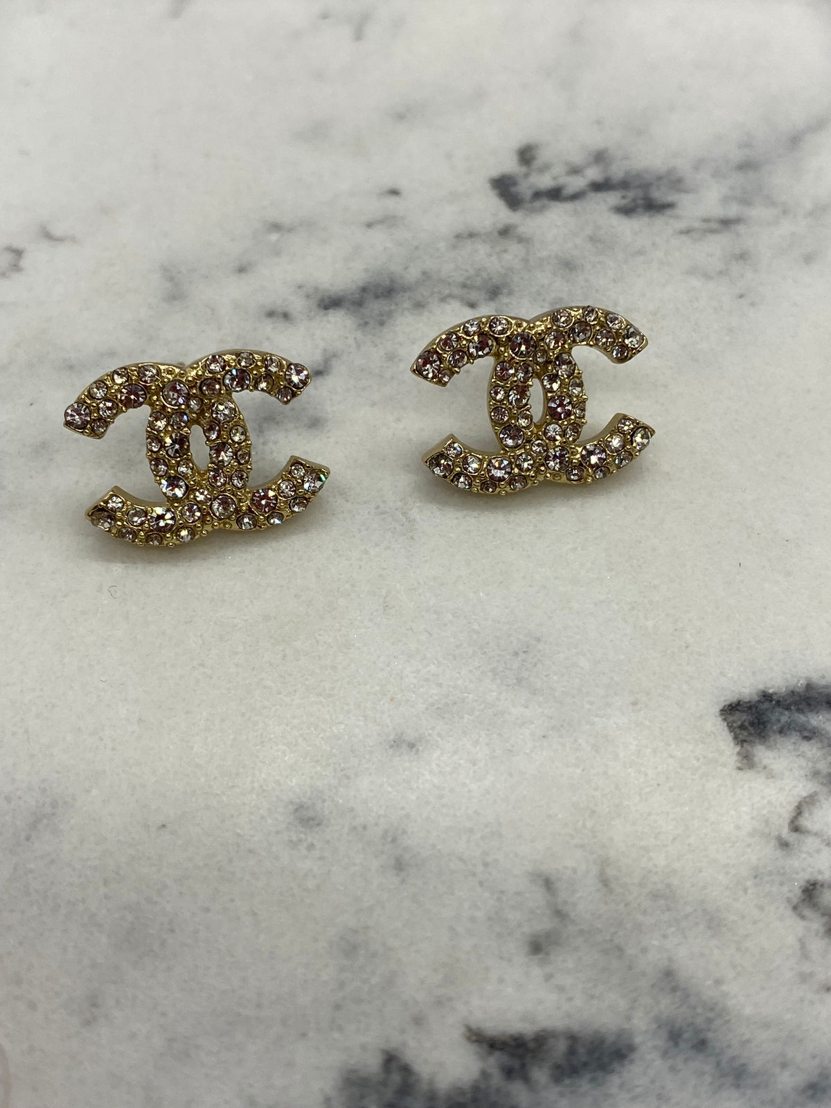 CHANEL CC Gold Tone Rhinestone Small Earrings - USED