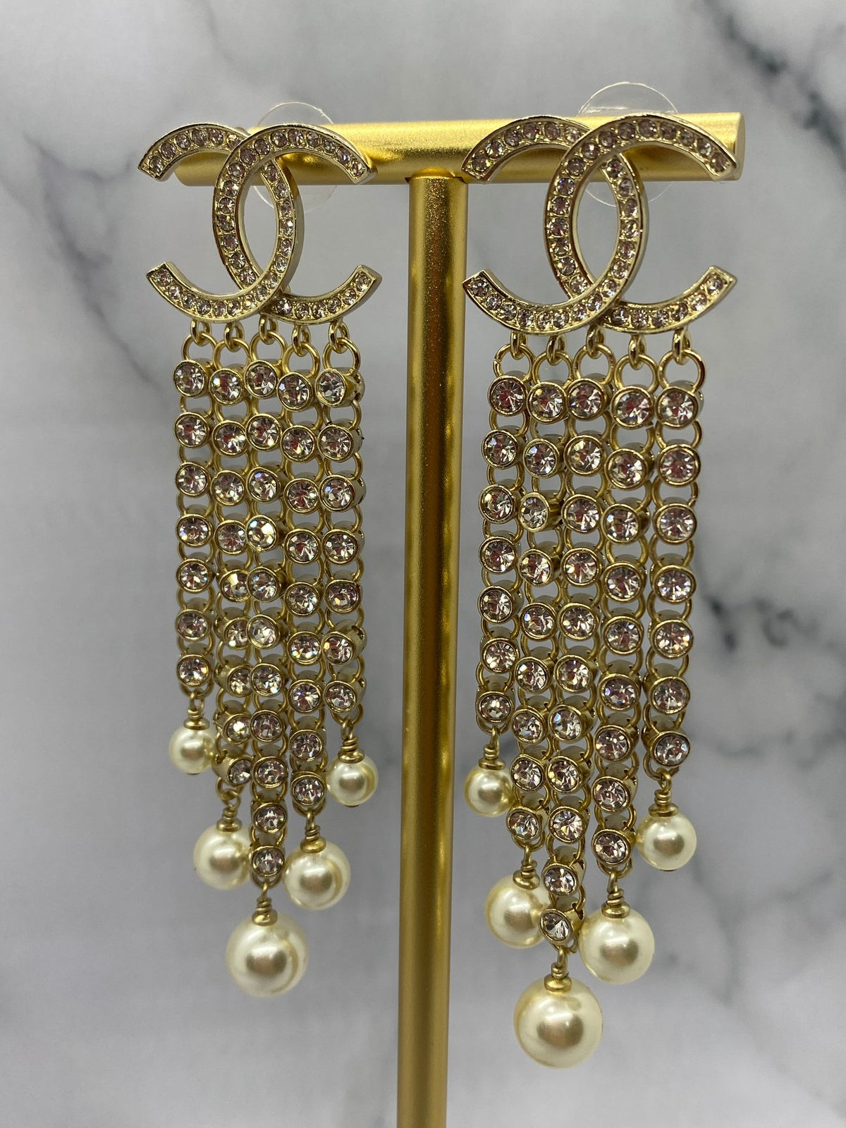CHANEL CC Rhinestone & Pearl Pendant Earrings - Pre owned