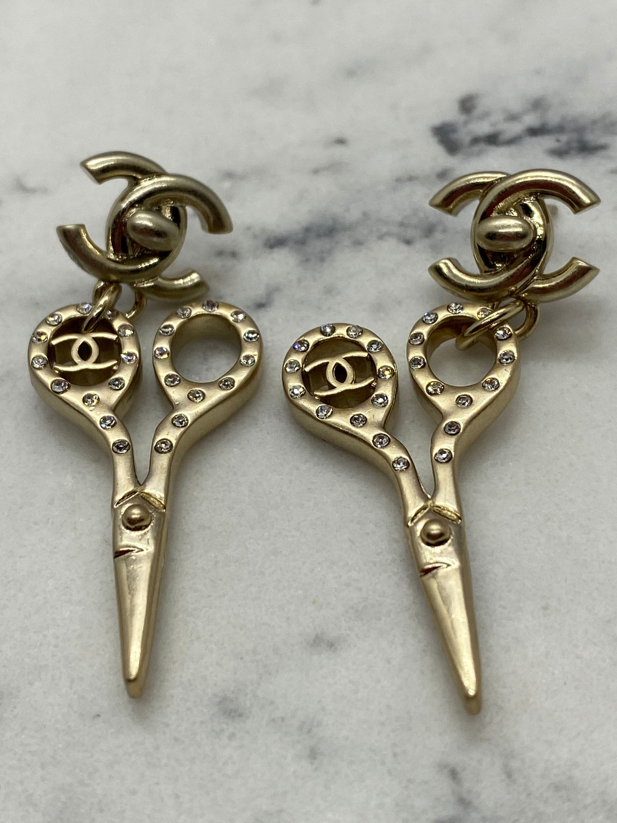CHANEL CC Gold Tone Rhinestone Scissor Earrings - Pre owned