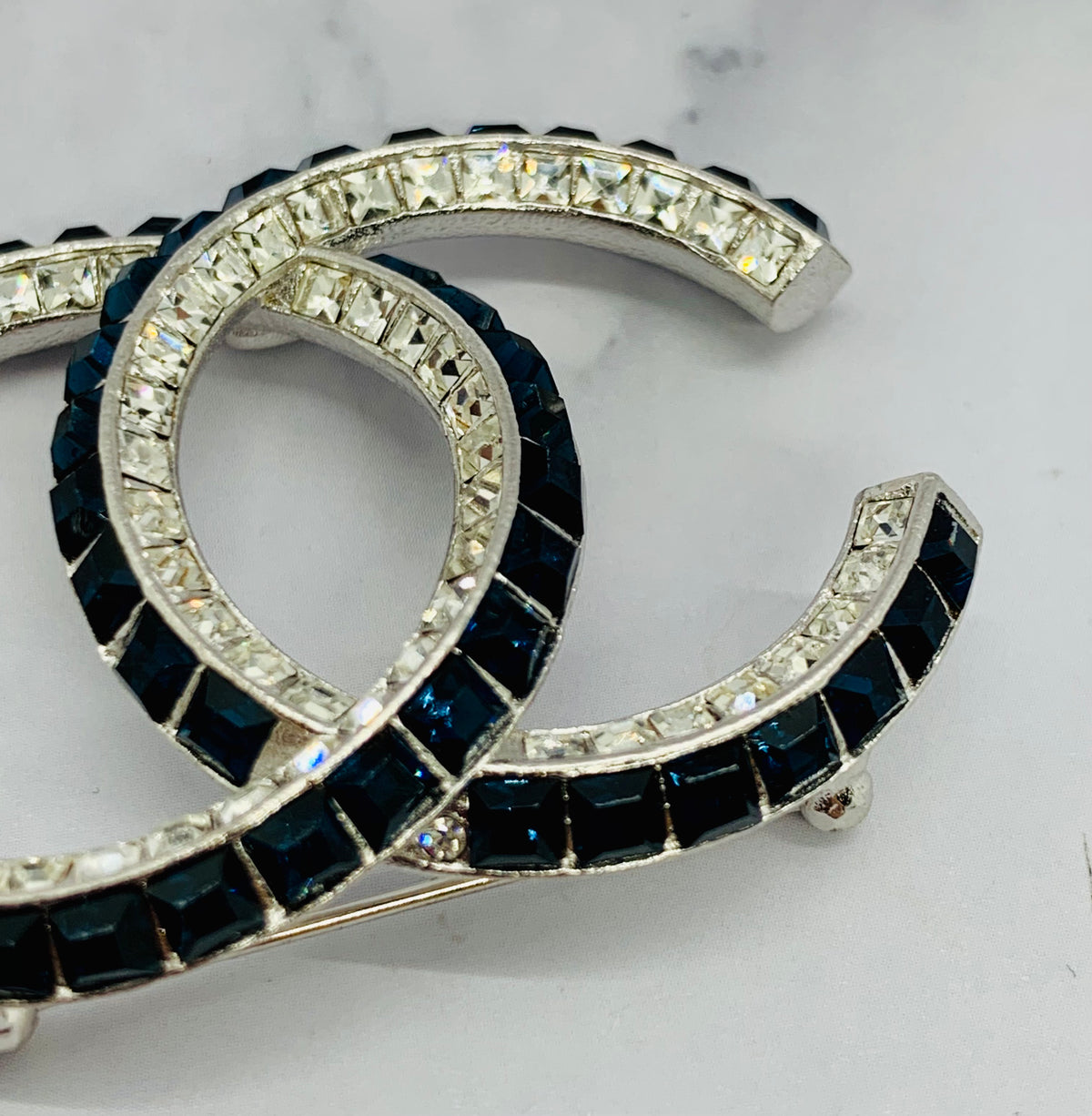 CHANEL CC Blue Rhinestone Brooch Pin - USED