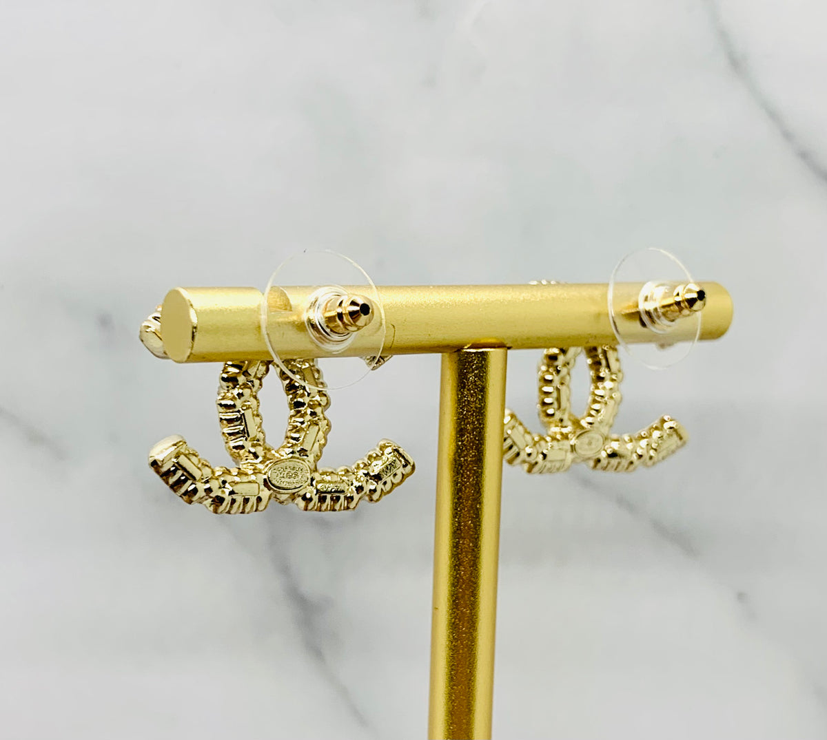 CHANEL CC Gold Tone Rhinestone Earrings - USED