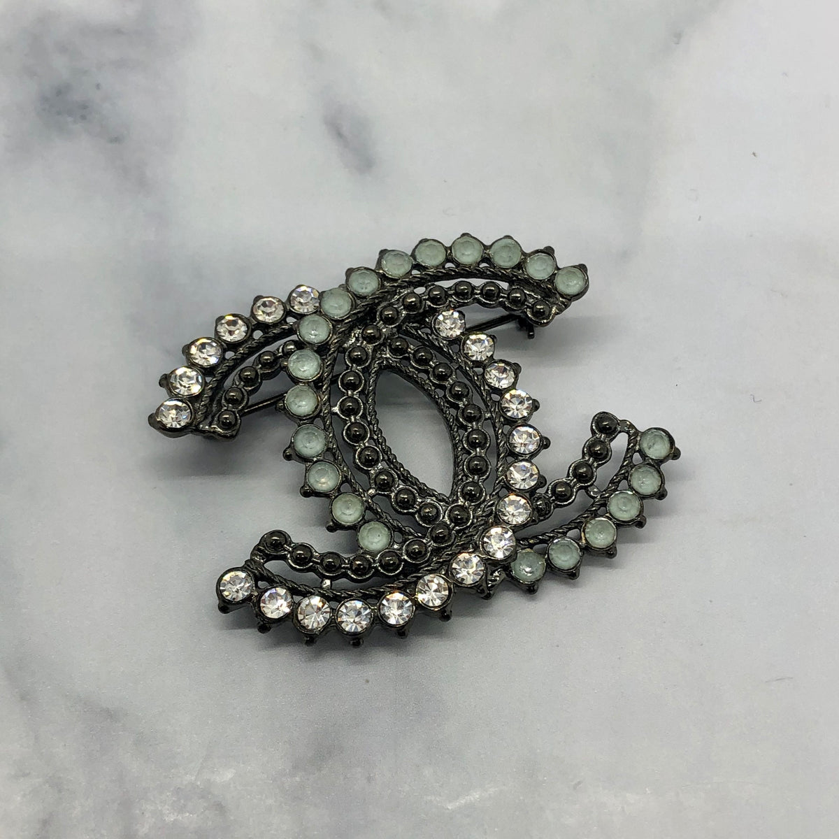 CHANEL CC Sage Rhinestone Brooch Pin - USED